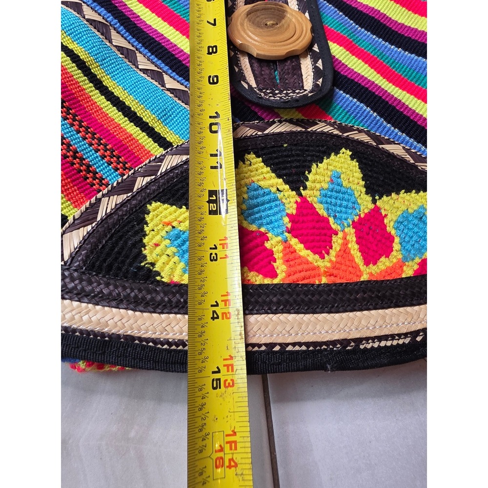 Boho Woven Straw Striped Tote Bag Multi Color Embroidered Floral Wooden F1 - Picture 10 of 16